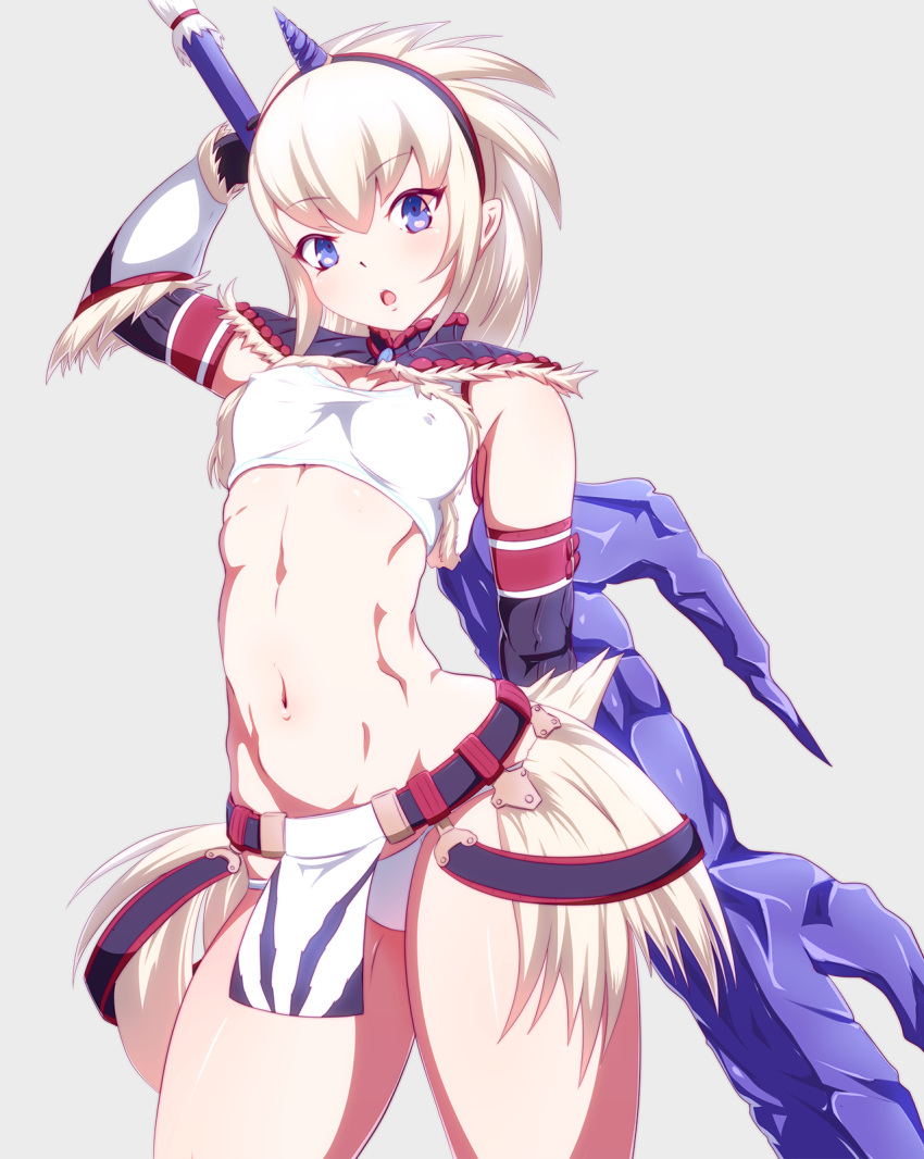 1girl armor blue_eyes blush breasts danpu highres kirin_(armor) monster_hunter navel open_mouth small_breasts solo stomach strapless sword tubetop weapon white_hair