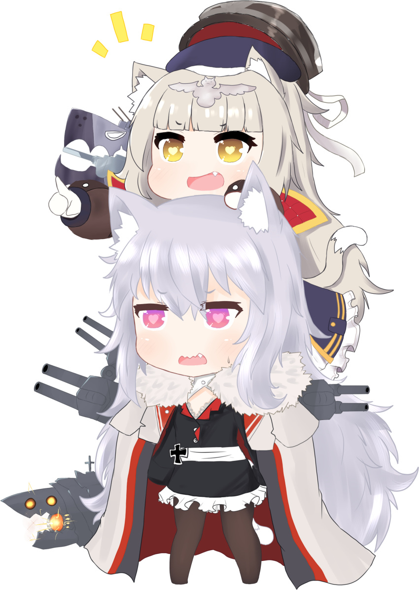 2girls :d absurdres animal_ears azur_lane bailingxiao_jiu bangs beret black_dress black_hat black_legwear blunt_bangs blush cape cat_ears cat_girl cat_tail chibi commentary_request dress eyebrows_visible_through_hair fang fur-trimmed_cape fur_trim gloves graf_zeppelin_(azur_lane) hair_between_eyes hair_ribbon hand_on_another's_head hat hat_over_hat heart heart-shaped_pupils highres iron_cross kemonomimi_mode light_brown_hair long_hair long_sleeves military_hat multiple_girls no_shoes open_mouth pantyhose peaked_cap pointing puffy_long_sleeves puffy_sleeves red_cape ribbon silver_hair simple_background sleeves_past_fingers sleeves_past_wrists smile sweat symbol-shaped_pupils tail v-shaped_eyebrows very_long_hair violet_eyes wavy_mouth white_background white_cape white_gloves white_ribbon yellow_eyes z46_(azur_lane)