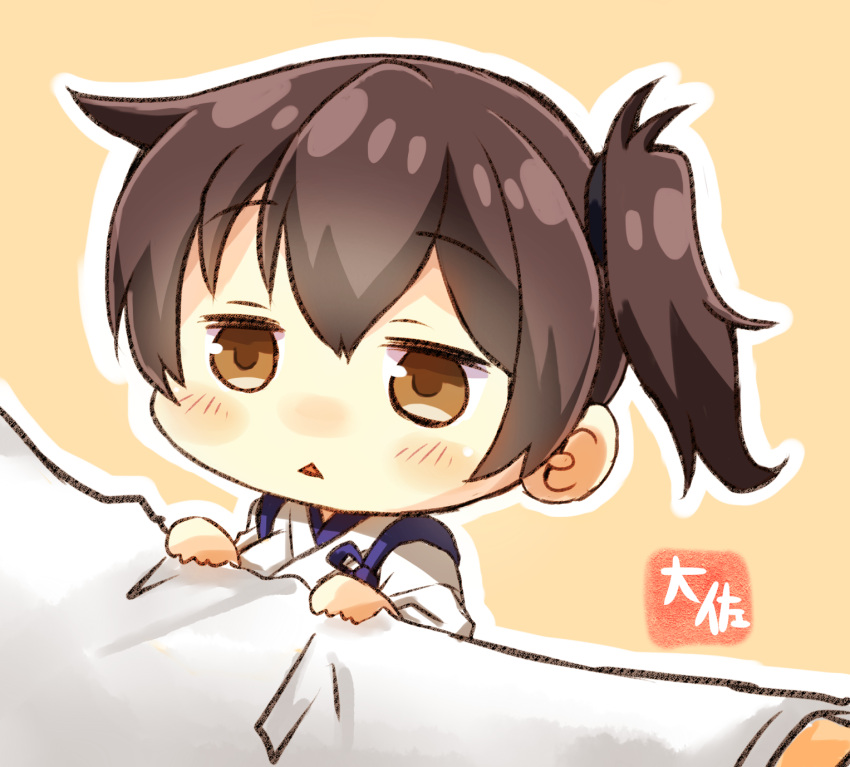 1boy 1girl admiral_(kantai_collection) bangs blush brown_eyes brown_hair chibi commentary_request eyebrows_visible_through_hair highres japanese_clothes kaga_(kantai_collection) kantai_collection long_sleeves looking_at_viewer orange_background outline parted_lips side_ponytail simple_background taisa_(kari) triangle_mouth white_outline