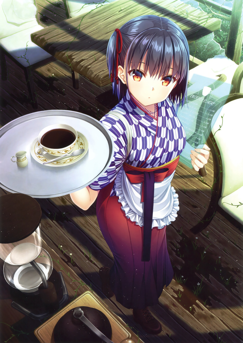 1girl absurdres apron arm_up asami_asami bangs black_hair coffee_grinder cup eyebrows_visible_through_hair hair_between_eyes highres japanese_clothes looking_at_viewer original saucer scan shadow short_hair solo spoon table tied_hair tray waitress white_apron window wooden_floor wooden_table yellow_eyes