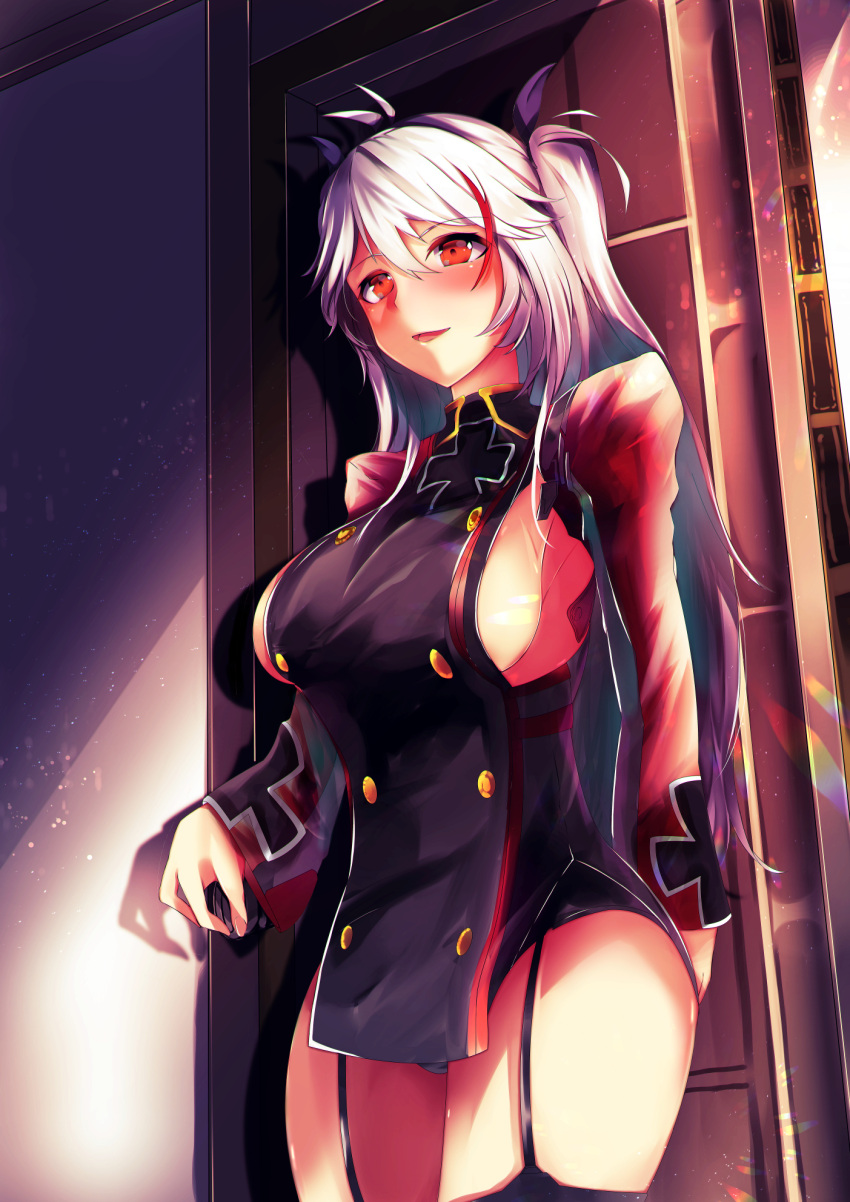1girl azur_lane bangs black_panties black_ribbon blush breasts buttons door double-breasted dusk eyebrows_visible_through_hair garter_straps gloves hair_between_eyes hair_ribbon highres indoors iron_cross jacket large_breasts light_particles locking long_hair looking_at_viewer multicolored multicolored_clothes multicolored_hair multicolored_jacket no_bra open_mouth otsunabe_(naabe_delta) panties prinz_eugen_(azur_lane) redhead ribbon seductive_smile side_cutout sideboob sidelocks silver_hair smile solo streaked_hair tareme thigh-highs two_side_up underwear very_long_hair