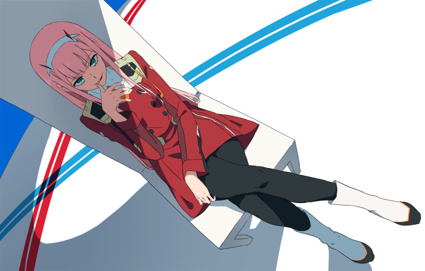 1girl belt black_legwear boots commentary_request darling_in_the_franxx dutch_angle eyebrows_visible_through_hair finger_licking foreshortening green_eyes hairband hand_up horns jacket legs_crossed licking long_hair long_sleeves military_jacket pantyhose perspective pink_hair red_jacket smirk solo tomato_(lsj44867) tongue tongue_out white_footwear zero_two_(darling_in_the_franxx)