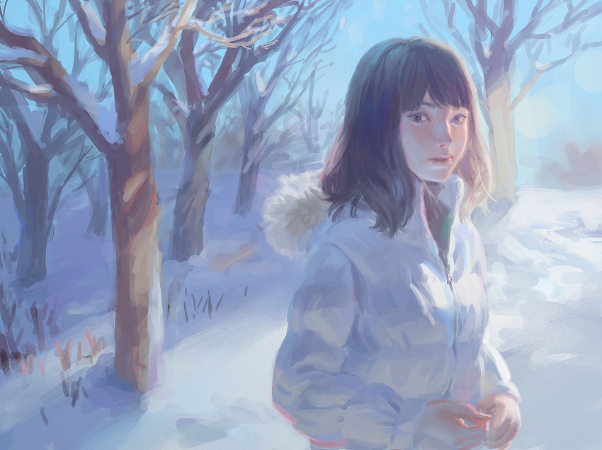 1girl bangs bare_tree blue_sky brown_eyes brown_hair coat commentary_request day forest fur_trim highres hood hood_down hooded_coat long_sleeves looking_at_viewer medium_hair nature original outdoors parted_lips sky snow solo standing tree tunapon01 winter_clothes winter_coat