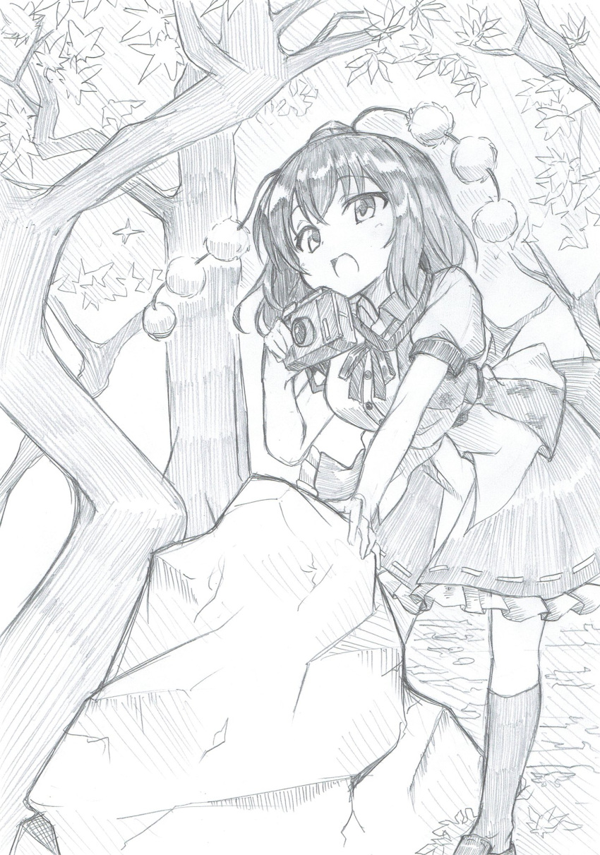 1girl boulder bow bowtie buttons camera collar collared_shirt eyebrows_visible_through_hair forest frilled_skirt frills full_body greyscale hat highres kneehighs leaf leaning_on_object mahiro_(akino-suisen) monochrome nature pom_pom_(clothes) puffy_sleeves rock shameimaru_aya shirt shoes short_hair short_sleeves skirt solo strap tokin_hat touhou traditional_media tree