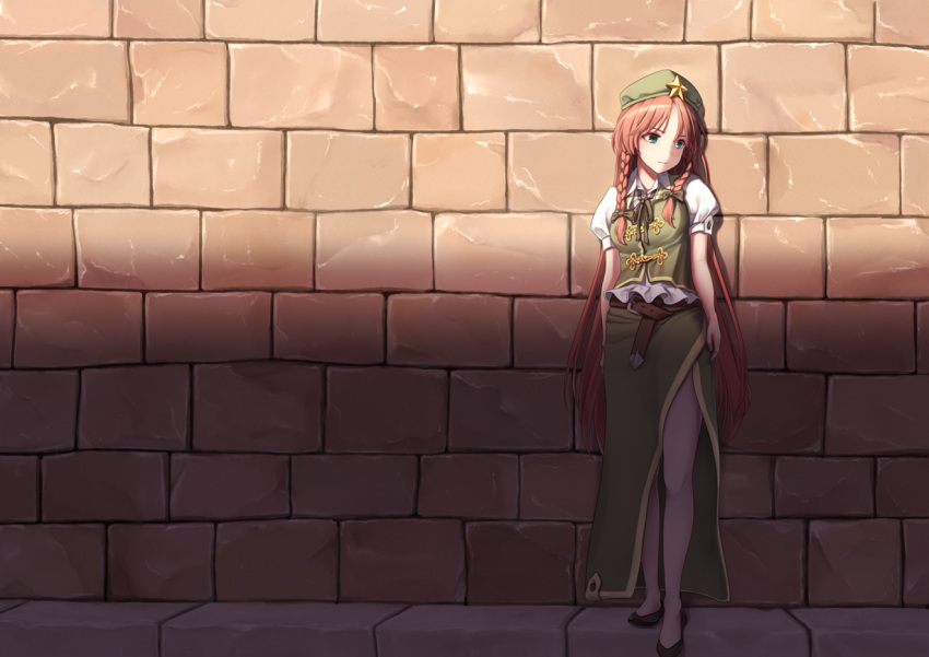 1girl against_wall bare_arms belt black_bow black_footwear bow braid brick_wall chinese_clothes dtvisu green_eyes green_hat hair_bow hat hong_meiling long_hair looking_away puffy_short_sleeves puffy_sleeves redhead shoes short_sleeves solo standing star touhou twin_braids