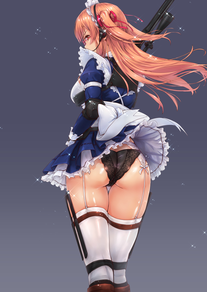 1girl absurdres ass black_panties blue_dress bow breasts commentary_request cowboy_shot dress elbow_pads garter_straps gun hair_ribbon headset highres holding holding_gun holding_weapon holster kunoichi_(sengoku_musou) lace lace-trimmed_panties long_hair long_sleeves looking_at_viewer looking_back maid ninja orange_hair panties pantyshot pleated_skirt red-framed_eyewear ribbon side_ponytail skirt standing thigh-highs thigh_gap thigh_holster tori@gununu twisted_neck underwear weapon white_legwear wind wind_lift