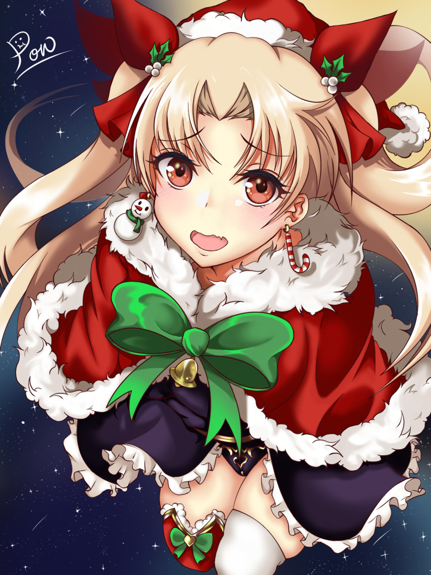 1girl :o blonde_hair blush bow cape christmas commentary_request earrings ereshkigal_(fate/grand_order) fate/grand_order fate_(series) fur-trimmed_cape fur_trim green_bow hair_ribbon hat highres jewelry long_hair looking_at_viewer mismatched_earrings mistletoe pon_(syugaminp) red_cape red_eyes ribbon santa_hat solo thigh-highs tohsaka_rin two_side_up