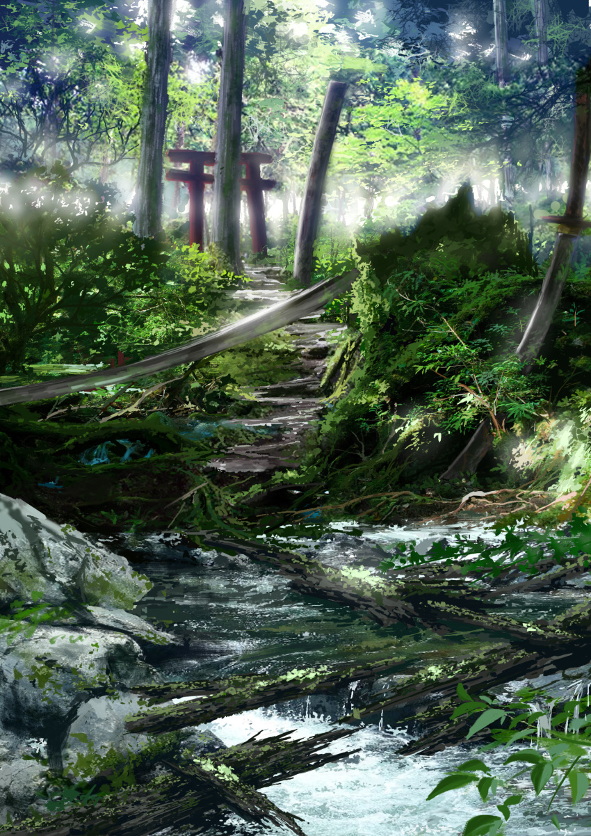 absurdres bare_tree dappled_sunlight day fantasy forest highres landscape nature no_humans original outdoors pajaman plant river rock scenery sunlight torii tree