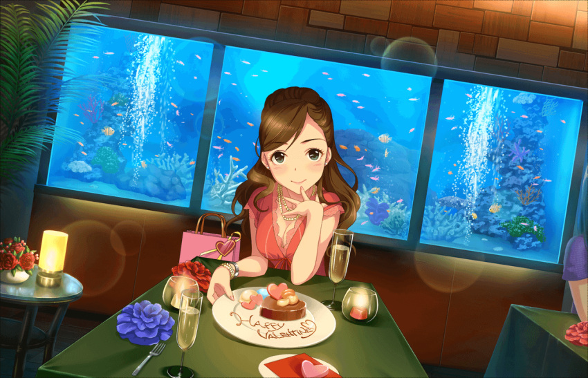 1girl aquarium artist_request bag bracelet breasts brown_hair cake candle chocolate chocolate_cake chocolate_heart cleavage cup dessert dish dress drinking_glass etou_misaki_(idolmaster) fish fish_tank food gift glass green_eyes happy_valentine heart ice_cream idolmaster idolmaster_cinderella_girls idolmaster_cinderella_girls_starlight_stage jewelry jpeg_artifacts light_smile long_hair looking_at_viewer medium_breasts necklace official_art paper_bag pearl_necklace plate sitting solo table valentine watch watch wavy_hair wine_glass