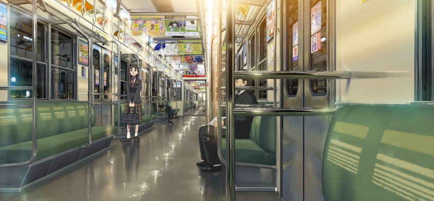 formal isai_shizuka long_hair necktie night original school_uniform skirt suit train train_interior