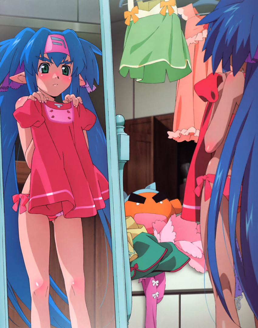 1girl blue_hair blush clothes clothes_in_front eyebrows green_eyes highres klan_klein long_hair macross macross_frontier mirror panties pointy_ears reflection side-tie_panties tsukahara_hajime twintails underwear very_long_hair
