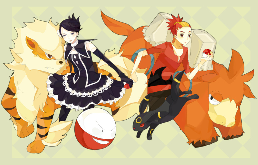 1boy 1girl arcanine bad_id baku_(pokemon) camerupt electrode holding holding_poke_ball mai_(pokemon) pantyhose poke_ball pokemon pokemon_(creature) pokemon_(game) pokemon_dppt shikanaka umbreon