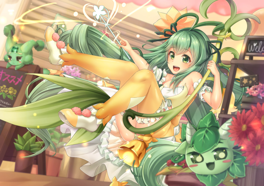 1girl :d ahoge alraune_(p&amp;d) bare_shoulders bell breasts dress flower green_eyes green_hair inside long_hair looking_at_viewer medium_breasts midair open_mouth orange_legwear panties pantyshot plant plant_girl potted_plant puzzle_&amp;_dragons sign smile solo thigh-highs underwear very_long_hair wand yuzutosen