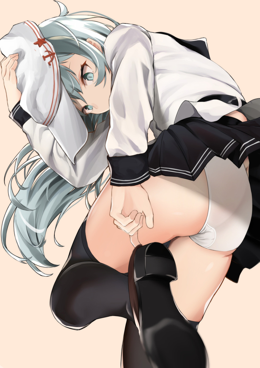 1girl absurdres ass black_legwear blue_eyes blue_hair hammer_and_sickle hat hibiki_(kantai_collection) highres holding holding_hat kantai_collection panties pantyshot pantyshot_(standing) putting_on_shoes school_uniform serafuku short_hair sketch solo standing standing_on_one_leg syun_(05250) tan_background thigh-highs underwear verniy_(kantai_collection) white_panties