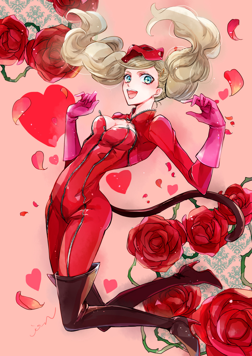 1girl absurdres blonde_hair blue_eyes bodysuit boots breasts cleavage_cutout flower full_body gloves high_heel_boots high_heels highres ilohasvio long_hair looking_at_viewer mask persona persona_5 petals red_flower red_rose rose smile solo takamaki_anne thigh-highs thigh_boots twintails