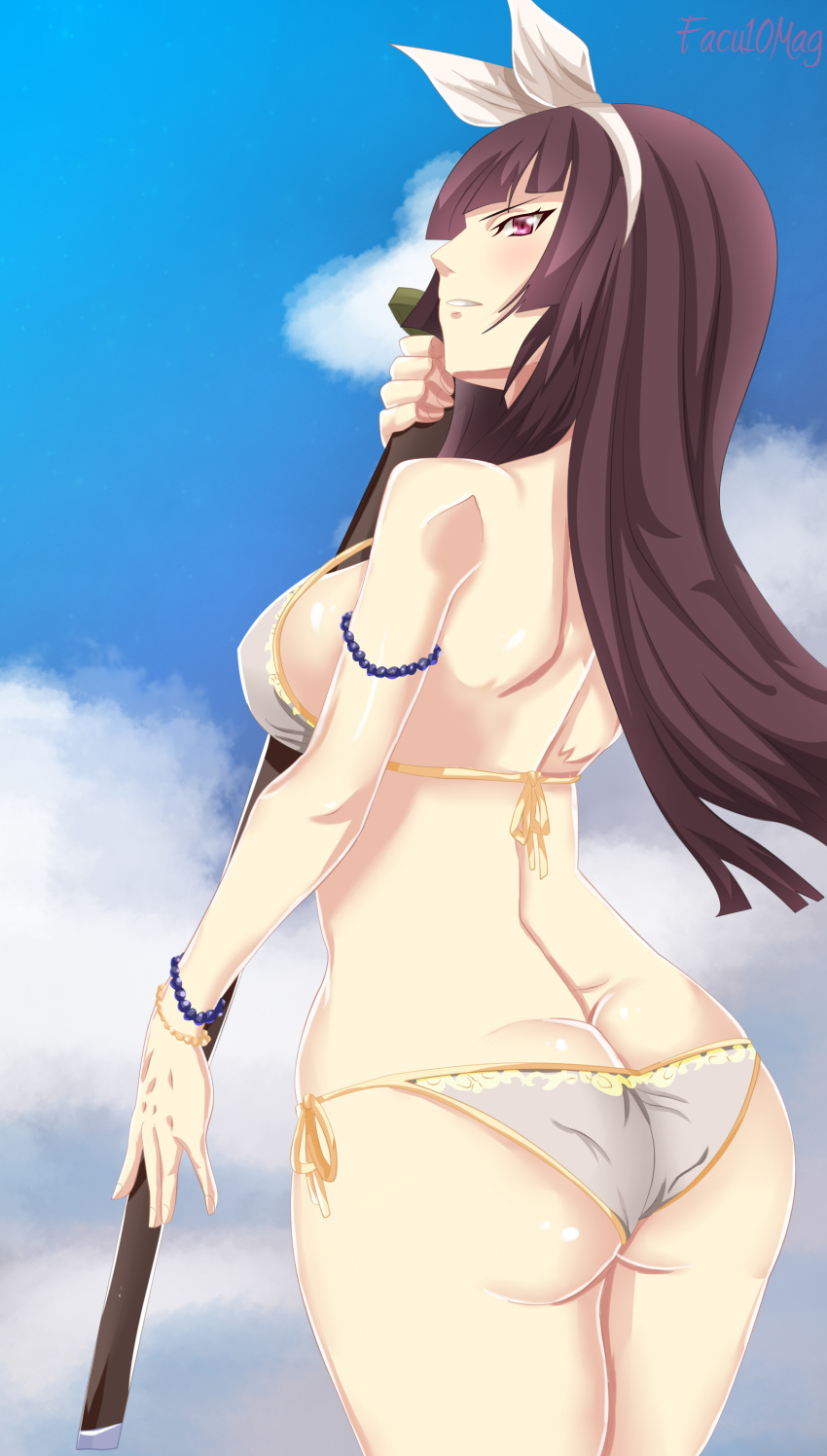 1girl absurdres artist_name ass bangs bikini breasts brown_hair clouds cloudy_sky comic cowboy_shot facu10mag fairy_tail grey_bikini hairband highres hime_cut holding holding_weapon kagura_mikazuchi katana long_hair looking_at_viewer looking_back profile side-tie_bikini sky standing swimsuit sword twisted_neck violet_eyes weapon