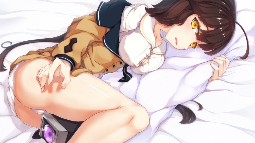 1girl ahoge ass bangs bare_legs bed bed_sheet between_legs blush breasts brown_hair buttons cleavage clothes_removed collarbone commentary_request eyebrows_visible_through_hair girls_frontline half-closed_eyes highres hinoka_(allen) holding holding_pillow jacket long_hair looking_at_viewer lying m14_(girls_frontline) medium_breasts no_bra off_shoulder on_side open_mouth panties pantyshot pillow revision ribbon shiny shiny_skin shirt skirt thighs tsurime twintails underwear white_panties white_shirt yellow_eyes