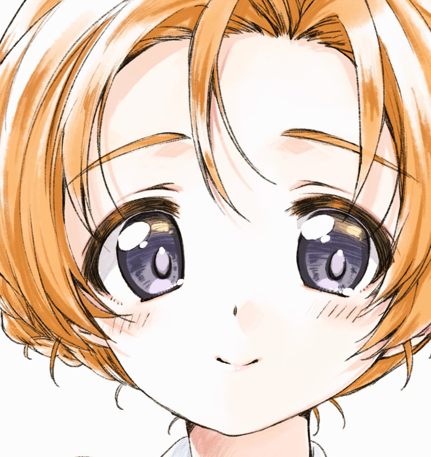 1girl bangs blue_eyes braid close-up closed_mouth commentary face girls_und_panzer highres kuroi_mimei looking_at_viewer orange_hair orange_pekoe parted_bangs short_hair simple_background smile solo tied_hair twin_braids white_background