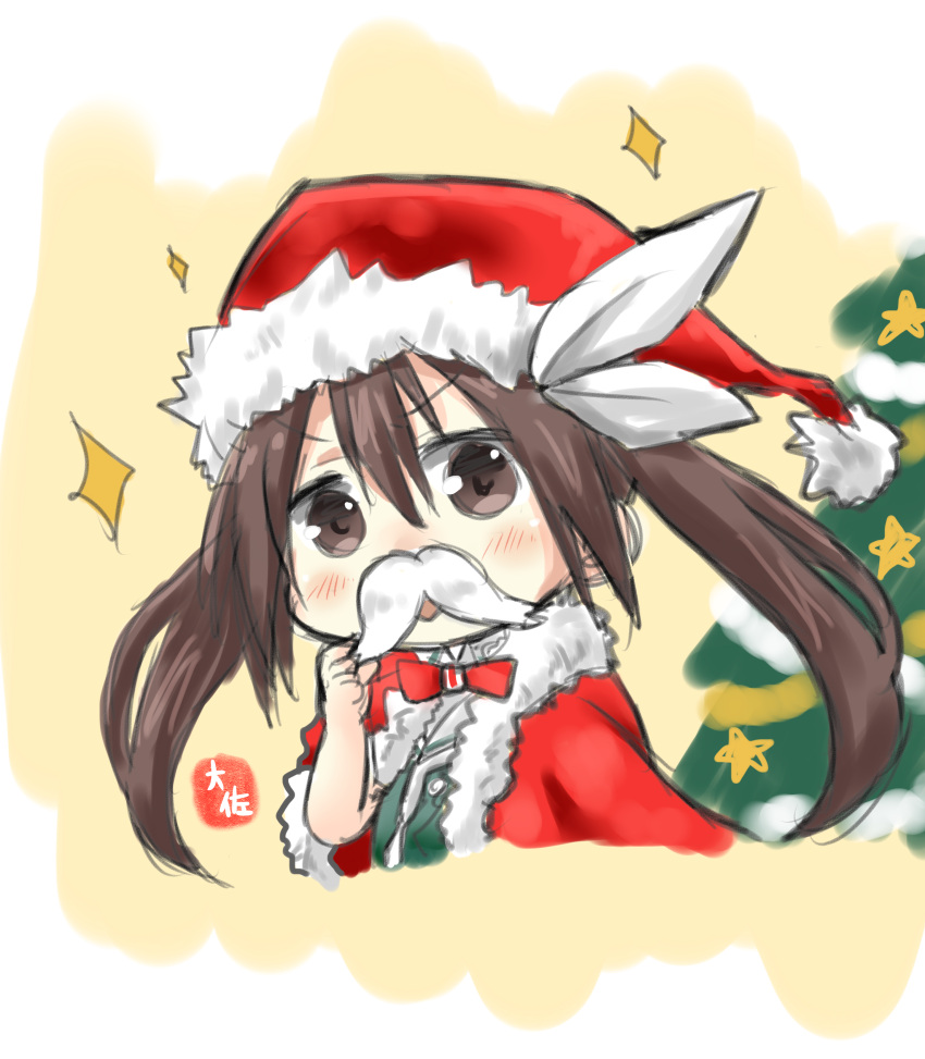 1girl absurdres blush bow bowtie brown_eyes brown_hair capelet chibi christmas_tree commentary_request fake_mustache fur_trim hair_between_eyes hair_bow hand_up hat highres kantai_collection looking_at_viewer orange_background red_hat red_neckwear santa_costume santa_hat signature simple_background sketch solo sparkle taisa_(kari) tone_(kantai_collection) twintails white_bow