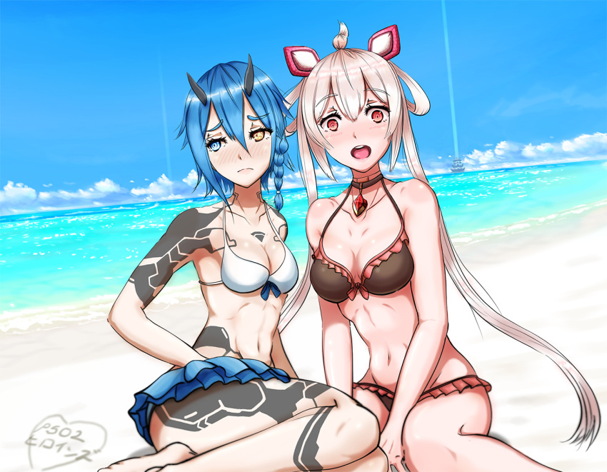 blue_eyes blue_hair blue_sky breasts cleavage clouds horns io_(pso2) long_hair looking_to_the_side multiple_girls navel norman_(shiohama_workshop) open_mouth orange_eyes phantasy_star phantasy_star_online_2 short_hair sky swimsuit