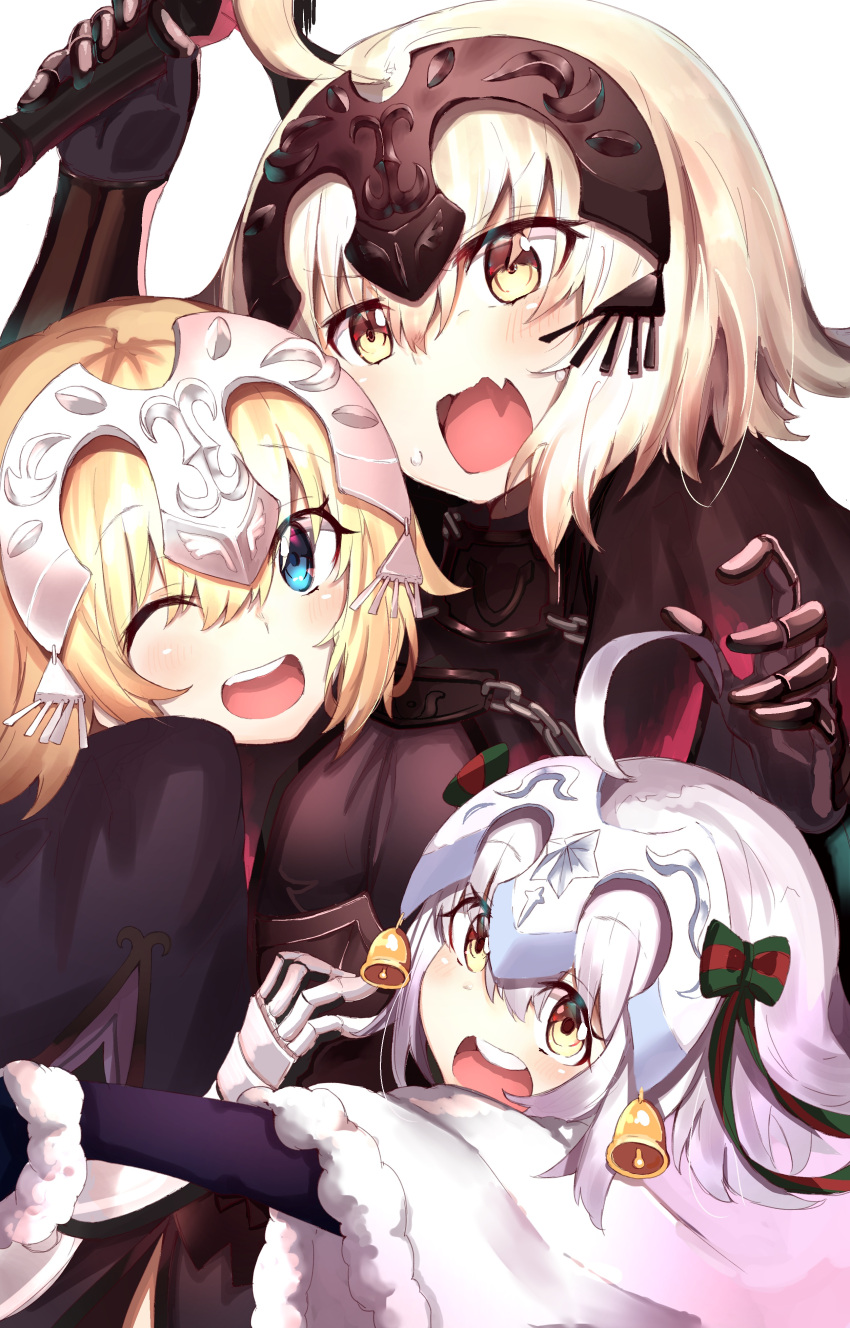 absurdres ahoge armor bell black_gloves blonde_hair blue_eyes blush chains cowboy_shot eyebrows_visible_through_hair fang fate/grand_order fate_(series) from_behind from_side gauntlets gloves headgear highres holding holding_weapon hug jeanne_d'arc_(alter)_(fate) jeanne_d'arc_(fate)_(all) multiple_girls one_eye_closed open_mouth ranf round_teeth short_hair sword teeth weapon white_hair yellow_eyes