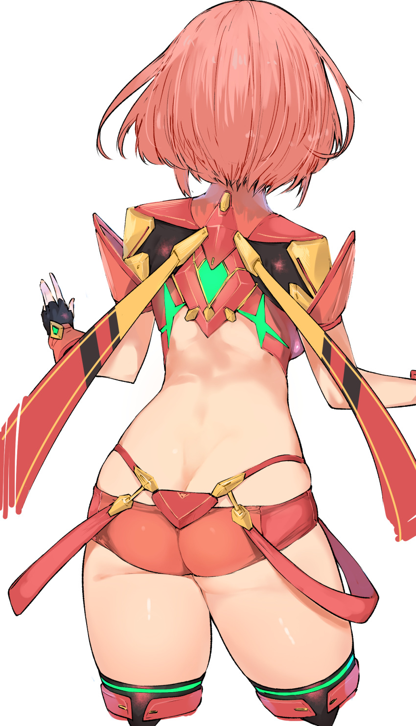 1girl absurdres armor ass back backboob backless_outfit boots breasts butt_crack fingerless_gloves from_behind gloves highres pyra_(xenoblade) kei_(soundcross) redhead short_hair short_shorts shorts simple_background thigh-highs thigh_boots white_background xenoblade xenoblade_2