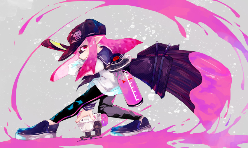 1girl autobomb_(splatoon) baseball_cap black_hat black_neckwear black_pants blouse blue_footwear closed_mouth commentary domino_mask from_side full_body grey_background hat herobrush_(splatoon) highres holding holding_weapon ink_tank_(splatoon) inkling long_hair looking_at_viewer mask neckerchief paint_splatter pants pink_hair pointy_ears print_hat rangetsu_(dawnsky) sailor_collar shoes single_vertical_stripe smirk solo splatoon splatoon_2 tentacle_hair weapon white_blouse