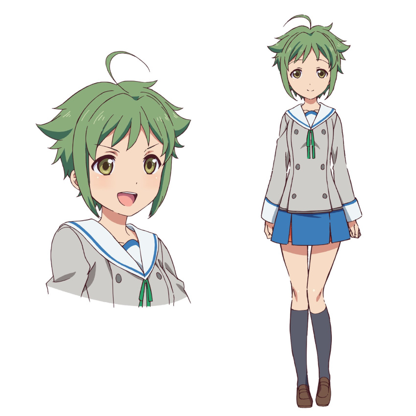 1girl action_heroine_cheer_fruits ahoge black_legwear blue_skirt blush brown_footwear character_sheet commentary_request green_eyes green_hair green_neckwear green_ribbon grey_shirt highres hinano_high_school_uniform ide_naomi kneehighs loafers looking_at_viewer midorikawa_mana neck_ribbon official_art open_mouth ribbon sailor_collar school_uniform shirt shoes short_hair simple_background skirt smile solo white_background white_sailor_collar