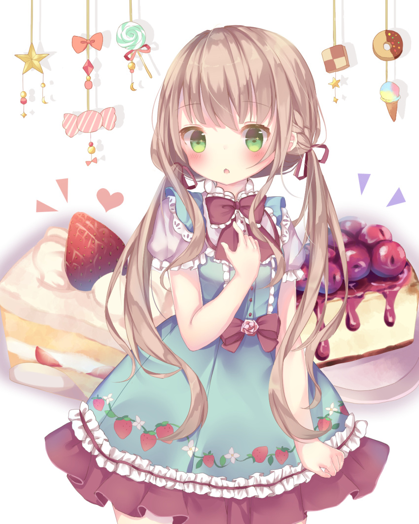 1girl :o bangs blue_dress blush cake commentary_request dress eyebrows_visible_through_hair food food_print frilled_dress frills fruit green_eyes hair_between_eyes hair_ribbon hand_on_own_chest heart highres light_brown_hair long_hair low_twintails original parted_lips print_dress puffy_short_sleeves puffy_sleeves red_ribbon ribbon short_sleeves slice_of_cake solo strawberry strawberry_print strawberry_shortcake tsuruse twintails very_long_hair white_background