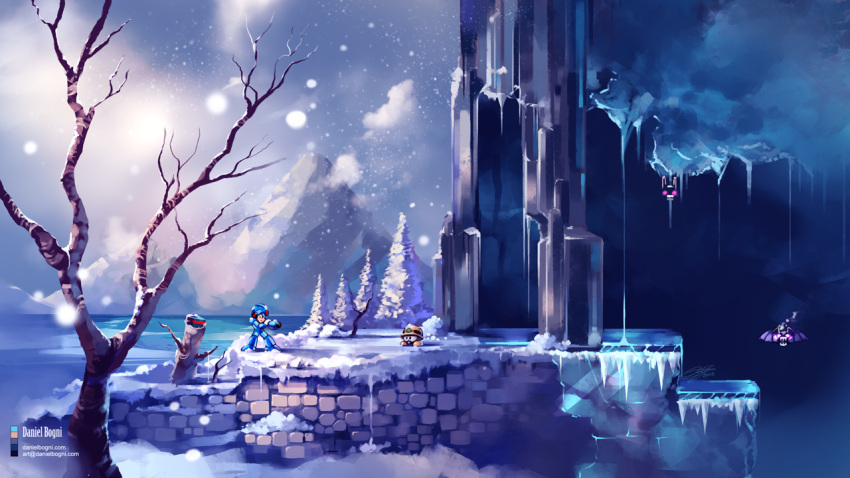 1boy aiming arm_cannon bat branch cave daniel_bogni helmet ice icicle metool robot rockman rockman_x scenery snow snowing tree weapon x_(rockman)