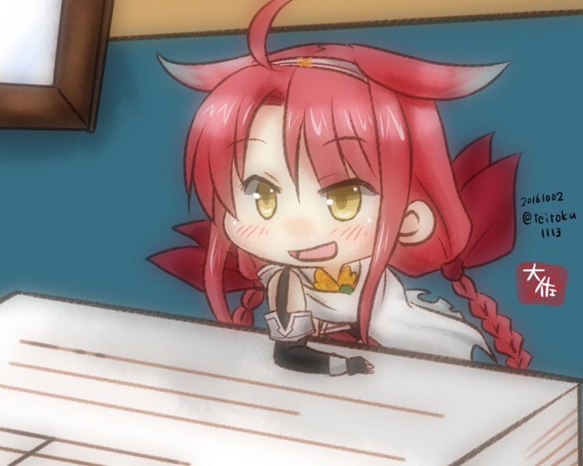 1girl :d blush braid chibi commentary_request dated elbow_gloves eyebrows_visible_through_hair gloves kantai_collection kawakaze_(kantai_collection) leaning looking_at_viewer minigirl open_mouth paper_stack redhead signature smile solo taisa_(kari) twin_braids twitter_username yellow_eyes