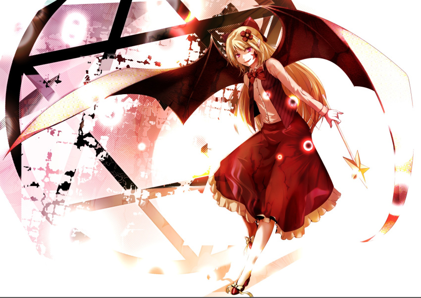 1girl blonde_hair bow bowtie dress_shirt elis_(touhou) flower full_body hair_bow hair_flower hair_ornament high_heels highres holding leaning_forward long_hair long_sleeves looking_at_viewer pink_eyes pointy_ears red_bow red_flower red_footwear red_neckwear red_skirt shirt shoe_ribbon skirt smile solo standing star touhou touhou_(pc-98) vest wakashinoda_kei wand white_shirt wing_collar wings