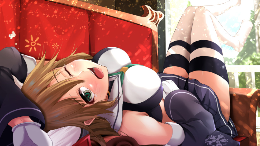 1girl animal_ears azur_lane bare_shoulders blush breasts brown_hair couch crop_top day detached_sleeves eyebrows_visible_through_hair eyelashes feet_up full_body furutaka_(azur_lane) gloves hand_on_own_stomach kanzaki_kureha long_hair long_sleeves looking_at_viewer lying miniskirt on_back one_eye_closed open_mouth pleated_skirt remodel_(azur_lane) sailor_collar skirt solo tears thigh-highs white_gloves white_legwear window yawning