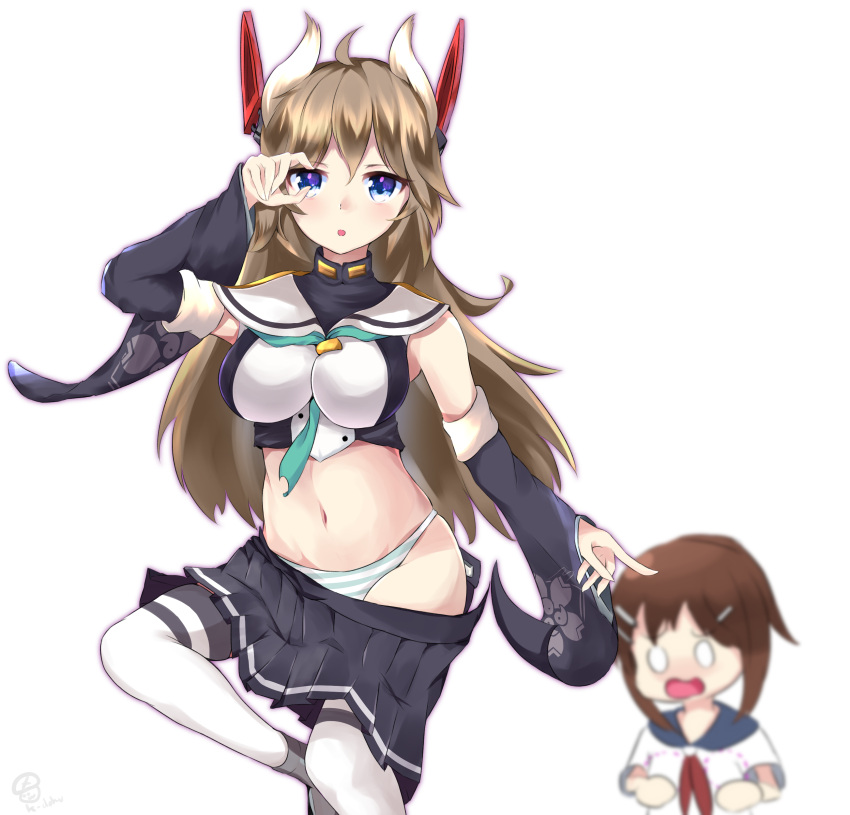 2girls absurdres animal_ears azur_lane between_breasts black_skirt blue_eyes blush breast_envy breasts brown_hair crop_top detached_sleeves eyebrows_visible_through_hair furutaka_(azur_lane) furutaka_(kantai_collection) gloves hair_ornament hairclip headgear highres k-doku large_breasts long_hair long_sleeves looking_at_another looking_at_viewer miniskirt multiple_girls namesake navel open_clothes open_skirt panties pleated_skirt remodel_(azur_lane) sailor_collar school_uniform serafuku short_ponytail skirt skirt_pull solo_focus standing standing_on_one_leg stomach striped striped_panties thigh-highs underwear wardrobe_malfunction white_legwear wide_sleeves