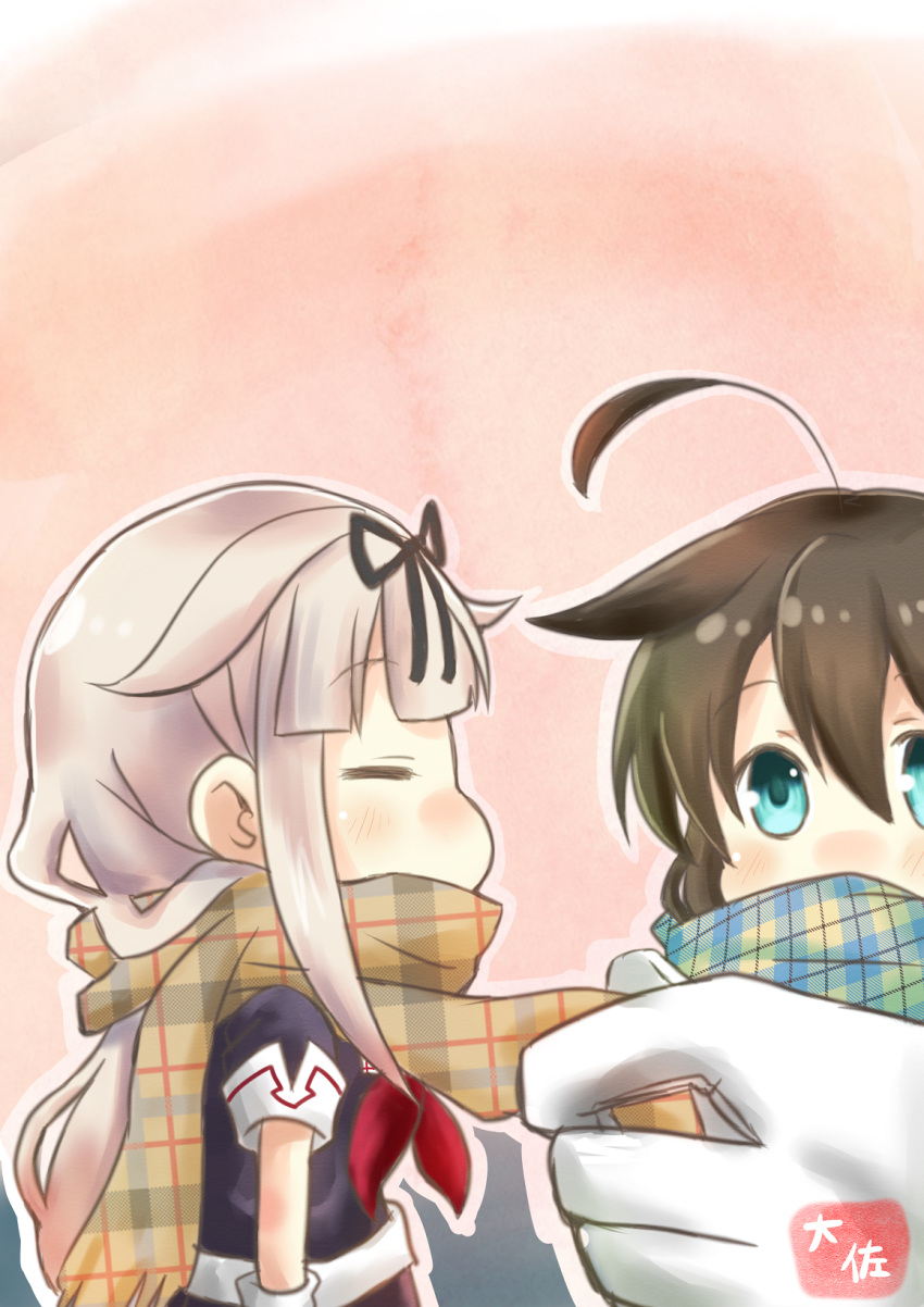 1boy 2girls =_= admiral_(kantai_collection) ahoge bangs black_ribbon blue_eyes blue_shirt blunt_bangs blush checkered checkered_scarf chibi closed_eyes commentary_request enpera eyebrows_visible_through_hair gloves hair_between_eyes hair_flaps hair_ribbon highres kantai_collection minigirl multiple_girls neckerchief nose_blush pink_hair profile puffy_short_sleeves puffy_sleeves red_neckwear remodel_(kantai_collection) ribbon scarf scarf_over_mouth shigure_(kantai_collection) shirt short_sleeves taisa_(kari) unmoving_pattern white_gloves yellow_scarf yuudachi_(kantai_collection)