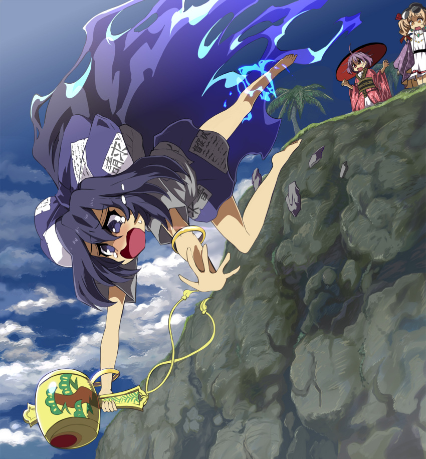 3girls ahoge aura bangle bare_legs barefoot black_hat blonde_hair blue_bow blue_eyes blue_hair blue_skirt blue_sky bow bowl bowl_hat bracelet brown_eyes cliff clouds commentary_request day debt dress eyewear_on_head falling hair_bow hair_ribbon hat highres holding hood hood_down hoodie japanese_clothes jewelry kimono long_hair miniskirt miracle_mallet multiple_girls necklace obi open_mouth outdoors palm_tree purple_hair red_eyes red_kimono red_ribbon ribbon rock sash shope skirt sky sukuna_shinmyoumaru sunglasses sweatdrop teardrop tears top_hat touhou tree very_long_hair white_dress wide_sleeves yorigami_jo'on yorigami_shion