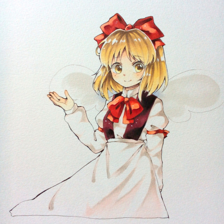 1girl armband blonde_hair blush bow bowtie closed_mouth eyebrows_visible_through_hair gengetsu hair_bow hand_up highres japanese_clothes juliet_sleeves long_sleeves looking_at_viewer marker_(medium) puffy_sleeves red_bow red_neckwear sasa_kichi skirt smile solo touhou traditional_media vest white_skirt yellow_eyes
