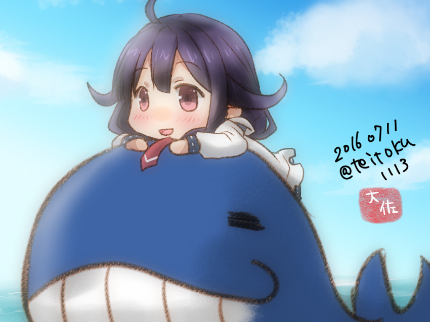 1girl :d ahoge blue_sky chibi clouds commentary_request dated eyebrows_visible_through_hair kantai_collection looking_at_viewer necktie open_mouth outdoors pink_eyes purple_hair red_neckwear signature sky smile solo taigei_(kantai_collection) taisa_(kari) twitter_username whale