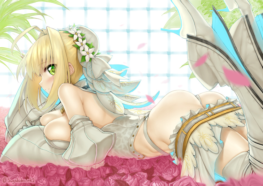 1girl ahoge ass bare_shoulders beauty_love belt blonde_hair blush boots breasts bridal_veil chains cleavage detached_sleeves eyes_visible_through_hair fate/extra fate/extra_ccc fate_(series) flower flower_bed glowing green_eyes hair_flower hair_intakes hair_ornament high_heels large_breasts legs_up lock looking_at_viewer lying nero_claudius_(bride)_(fate) nero_claudius_(fate)_(all) on_stomach padlock petals plant rose short_hair skirt skirt_pull smile solo thigh-highs thigh_boots twitter_username veil window zipper