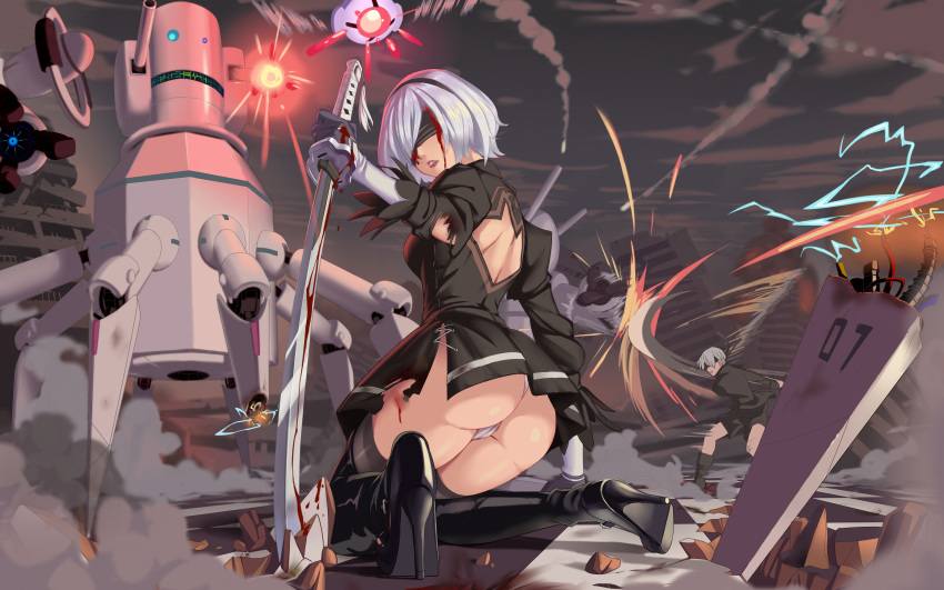 1boy 1girl absurdres ass black_dress blood boots dress hairband highres kneeling long_sleeves nier_(series) nier_automata oguro_(xhlj) puffy_sleeves robot sword thigh-highs thigh_boots torn_clothes weapon white_hair yorha_no._2_type_b yorha_no._9_type_s