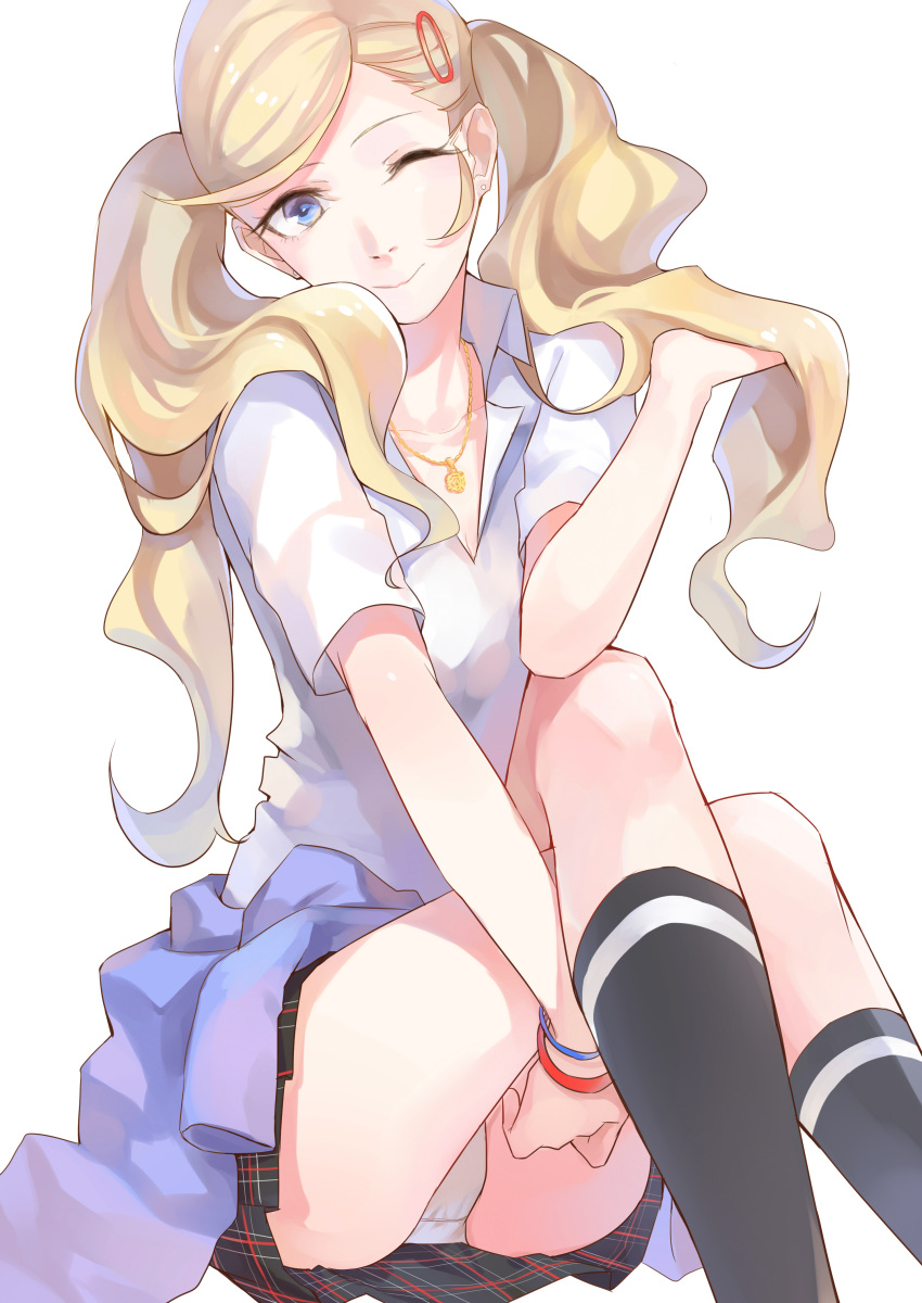 1girl absurdres blonde_hair blue_eyes earrings hair_ornament hairclip highres jewelry long_hair looking_at_viewer necklace one_eye_closed panties pantyshot pantyshot_(sitting) persona persona_5 plaid plaid_skirt pleated_skirt school_uniform simple_background sitting skirt smile solo takamaki_anne twintails underwear white_background yft000