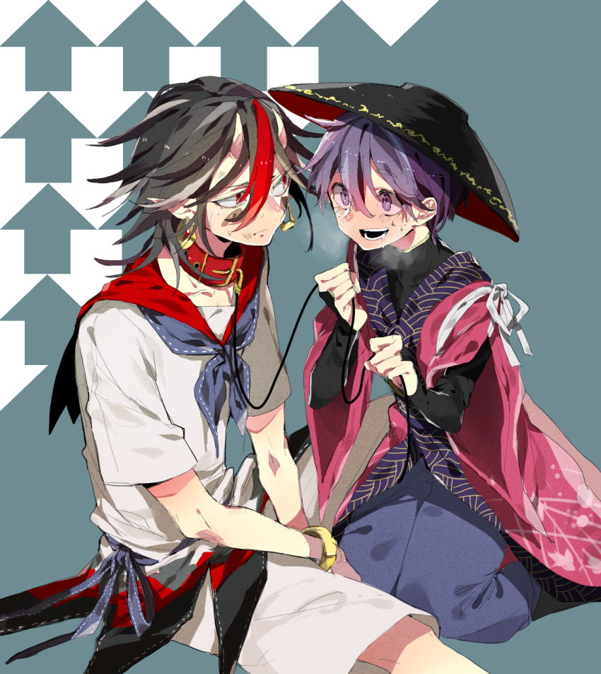 2boys bangle black_hair bowl bowl_hat bracelet collar commentary_request directional_arrow drooling eye_contact fuuga_(perv_rsity) genderswap genderswap_(ftm) hair_between_eyes hat highres japanese_clothes jewelry kijin_seija kimono kneeling leash looking_at_another multicolored_hair multiple_boys purple_hair red_eyes red_kimono redhead shirt short_hair shorts sitting smile streaked_hair sukuna_shinmyoumaru touhou two-tone_background violet_eyes white_background white_hair white_shirt white_shorts