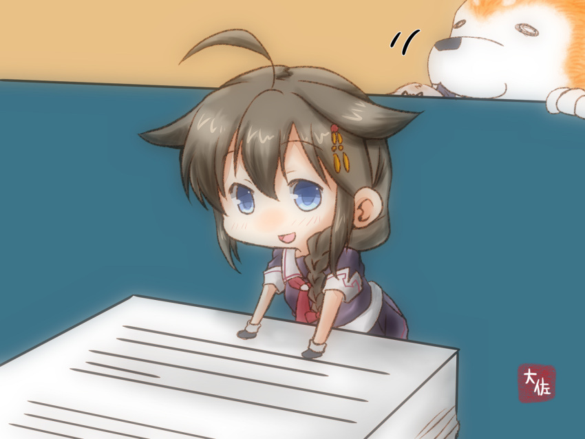 2girls :d ahoge blue_eyes braid brown_hair chibi commentary_request dog hair_flaps kantai_collection looking_at_viewer multiple_girls necktie open_mouth paper_stack pleated_skirt purple_shirt purple_skirt red_neckwear shigure_(kantai_collection) shirt signature single_braid skirt smile solo_focus standing taisa_(kari) yuudachi_(kantai_collection)