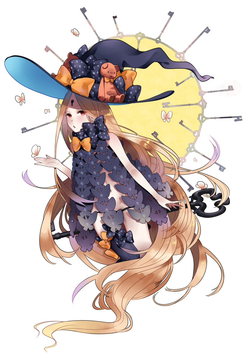 1girl abigail_williams_(fate/grand_order) absurdres animal bangs black_bow black_hat black_legwear black_panties blonde_hair blush bow butterfly chongzi commentary_request eyebrows_visible_through_hair fate/grand_order fate_(series) fingernails groin hat hat_bow highres key keyhole long_hair looking_at_viewer lowleg lowleg_panties orange_bow panties parted_bangs polka_dot polka_dot_bow red_eyes revealing_clothes single_thighhigh skull_print solo stuffed_animal stuffed_toy teddy_bear thigh-highs topless underwear very_long_hair white_background witch_hat