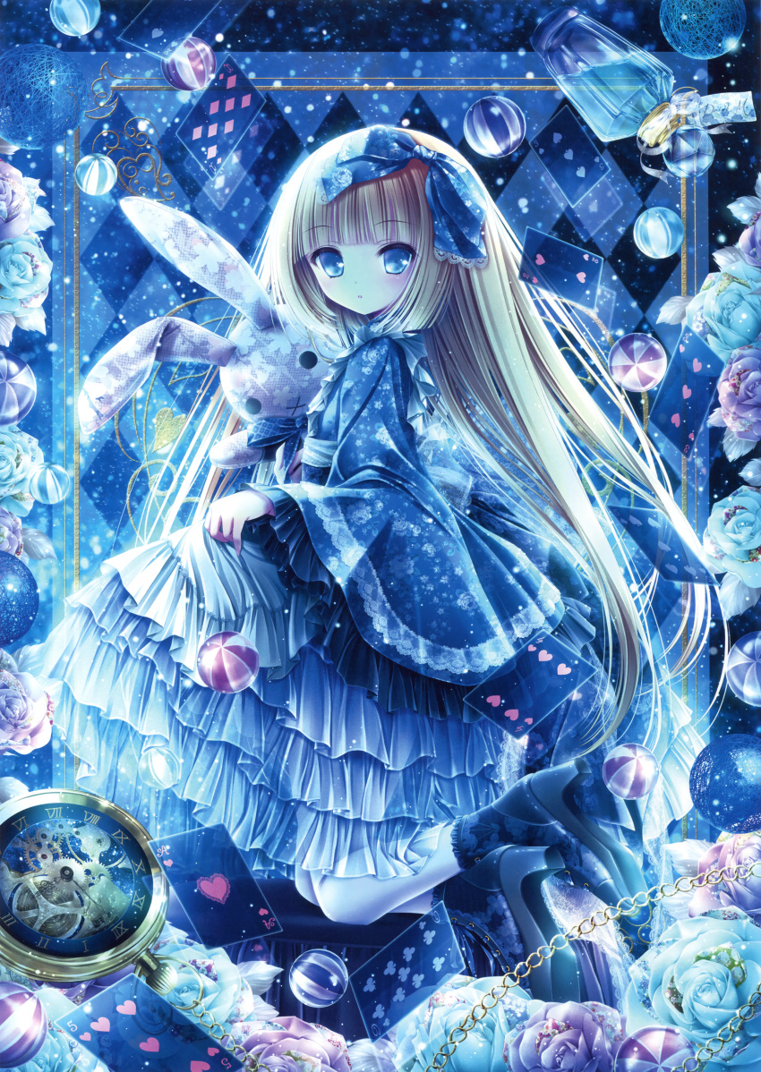1girl :o absurdres ace_of_hearts argyle argyle_background blonde_hair blue_eyes blue_footwear blue_kimono blue_skirt blush boots card diamond_(shape) drink_me fingernails floral_print flower from_side heart high_heel_boots high_heels highres huge_filesize japanese_clothes kimono layered_skirt long_hair long_sleeves looking_at_viewer looking_to_the_side object_hug original pantyhose parted_lips pink_flower pink_rose playing_card pocket_watch print_kimono roman_numerals rose skirt skirt_hold solo spade_(shape) stuffed_animal stuffed_bunny stuffed_toy tinker_bell very_long_hair watch white_flower white_legwear white_rose wide_sleeves