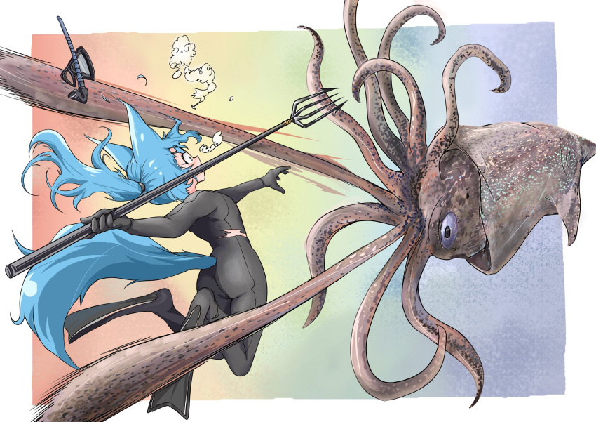 1girl afloat attack bangs blue_eyes blue_hair bodysuit commentary_request diving_mask diving_suit doitsuken flippers floating_hair from_behind giant_squid hair_bubbles harpoon highres holding holding_weapon long_hair looking_at_viewer original ponytail snorkel torn_clothes underwater weapon wide-eyed