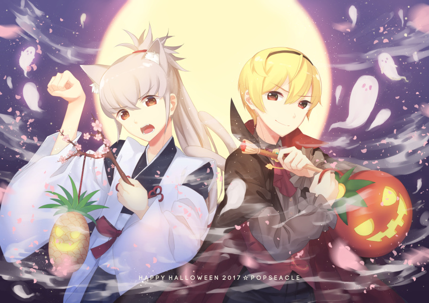 2017 2boys alternate_costume animal_ears blonde_hair cape cat_ears cat_tail cherry_blossoms copyright_name fangs fire_emblem fire_emblem_if food fruit ghost grey_hair halloween halloween_costume happy_halloween highres japanese_clothes leaf leon_(fire_emblem_if) male_focus moon multiple_boys night night_sky orange_eyes petals pineapple pumpkin red_eyes sky tail takumi_(fire_emblem_if) teeth