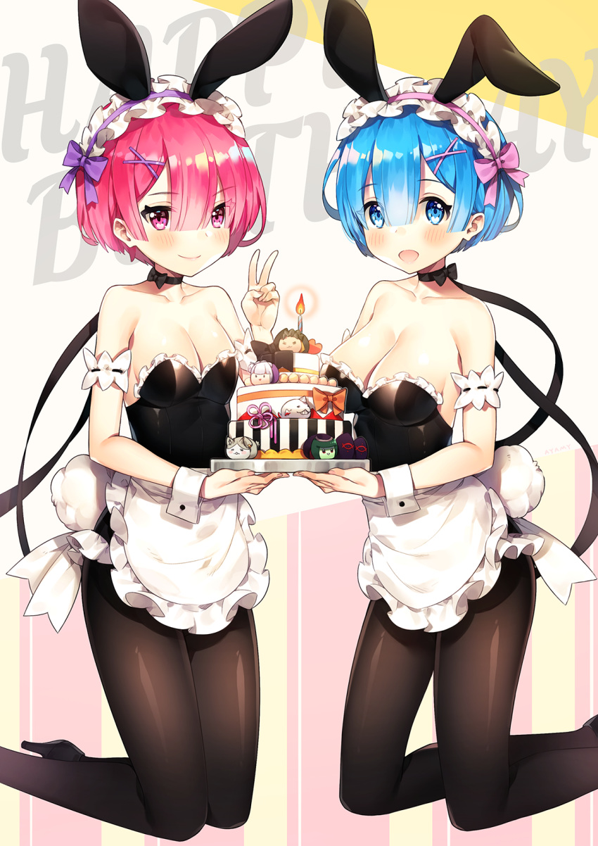 2girls :d animal_ears apron arm_garter ayami bare_shoulders black_footwear black_legwear black_leotard blue_eyes blue_hair blush breasts bunny_girl bunny_tail bunnysuit cake candle cleavage commentary_request fake_animal_ears fake_tail fire flame food hair_between_eyes hair_ornament hairclip headband high_heels highres holding kneeling large_breasts leotard long_hair looking_at_viewer medium_breasts multiple_girls open_mouth pantyhose pink_eyes pink_hair rabbit_ears ram_(re:zero) re:zero_kara_hajimeru_isekai_seikatsu rem_(re:zero) short_hair smile tail waist_apron white_apron wrist_cuffs x_hair_ornament