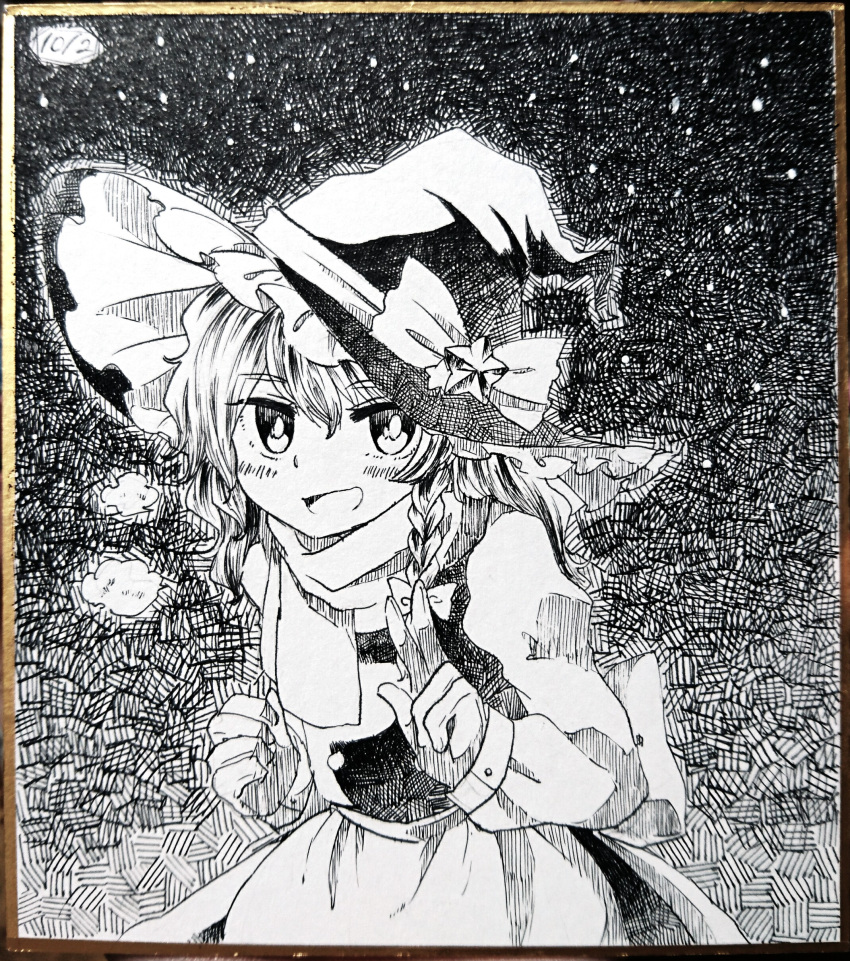 1girl :d absurdres apron bow braid eyebrows_visible_through_hair frilled_hat frills greyscale hand_up hat hat_bow highres kirisame_marisa long_sleeves looking_at_viewer maid_apron monochrome open_mouth photo sasa_kichi smile solo touhou traditional_media vest w witch_hat