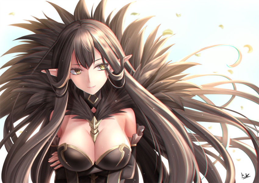 1girl bare_shoulders between_breasts black_dress black_hair breasts cleavage commentary_request detached_sleeves dress fate/apocrypha fate_(series) large_breasts long_hair looking_at_viewer pointy_ears semiramis_(fate) smile solo toshi_(1-147) upper_body very_long_hair yellow_eyes